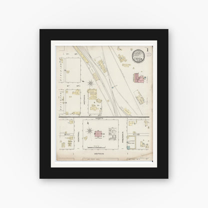 Old map wall art mockup — black gallery frame with white mat — Sanborn Fire Insurance Map from Longview, Gregg County, Texas (1885), Sheet #0001