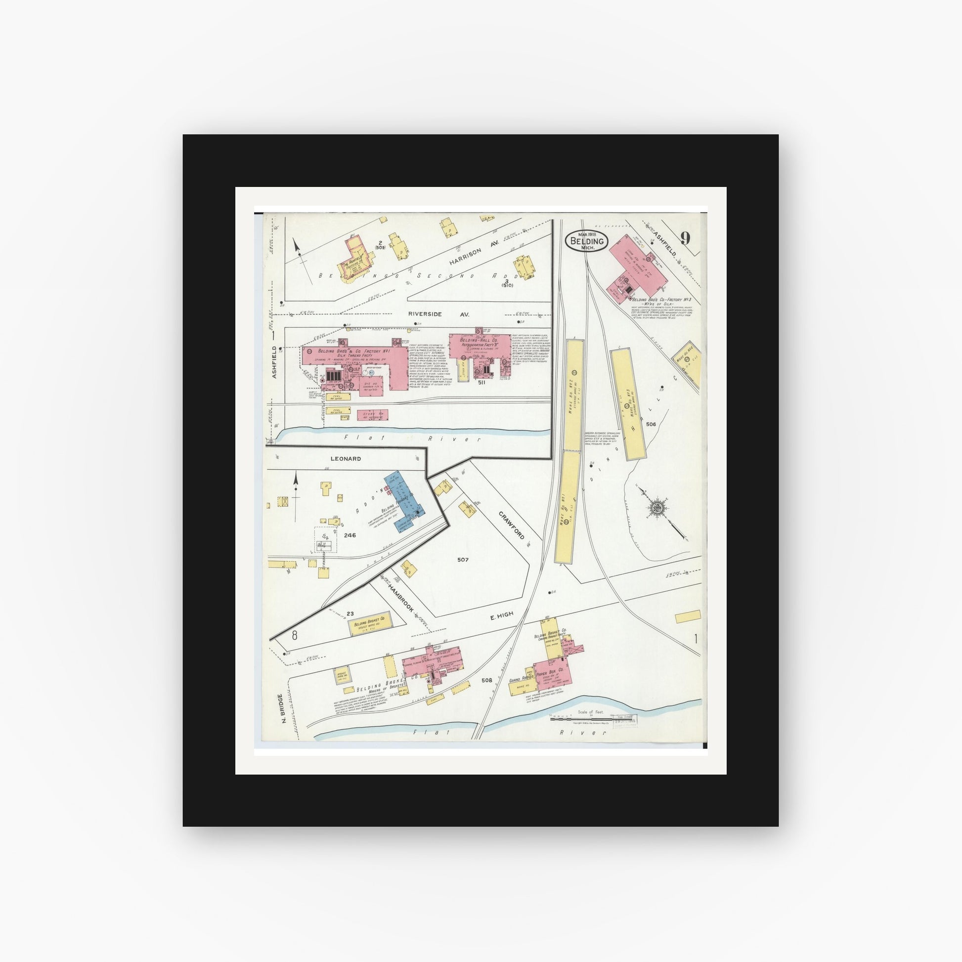 Old map wall art mockup — black gallery frame with white mat — Sanborn Fire Insurance Map from Belding, Ionia County, Michigan (1918), Sheet #0009