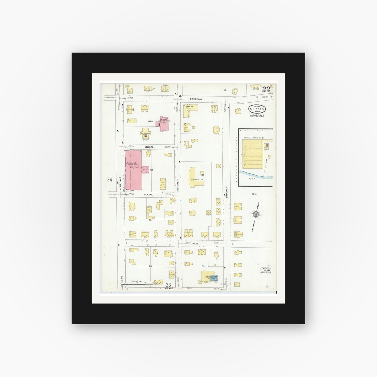 Old map wall art mockup — black gallery frame with white mat — Sanborn Fire Insurance Map from Milford, Worcester County, Massachusetts (1910), Sheet #0022