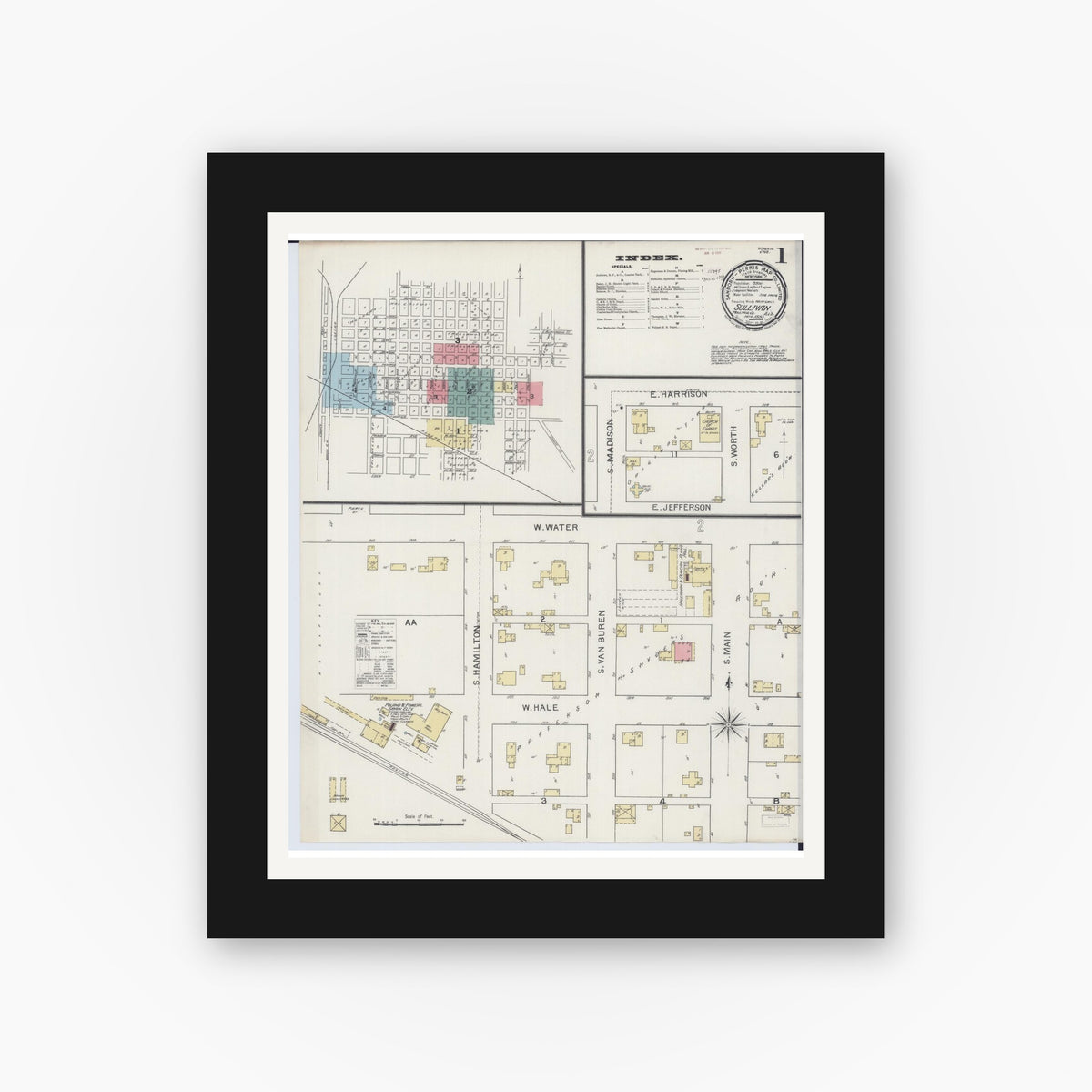 Old map wall art mockup — black gallery frame with white mat — Sanborn Fire Insurance Map from Sullivan, Moultrie County, Illinois (1893), Sheet #0001