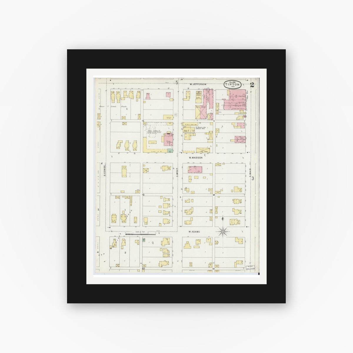 Old map wall art mockup — black gallery frame with white mat — Sanborn Fire Insurance Map from Tipton, Tipton County, Indiana (1896), Sheet #0002