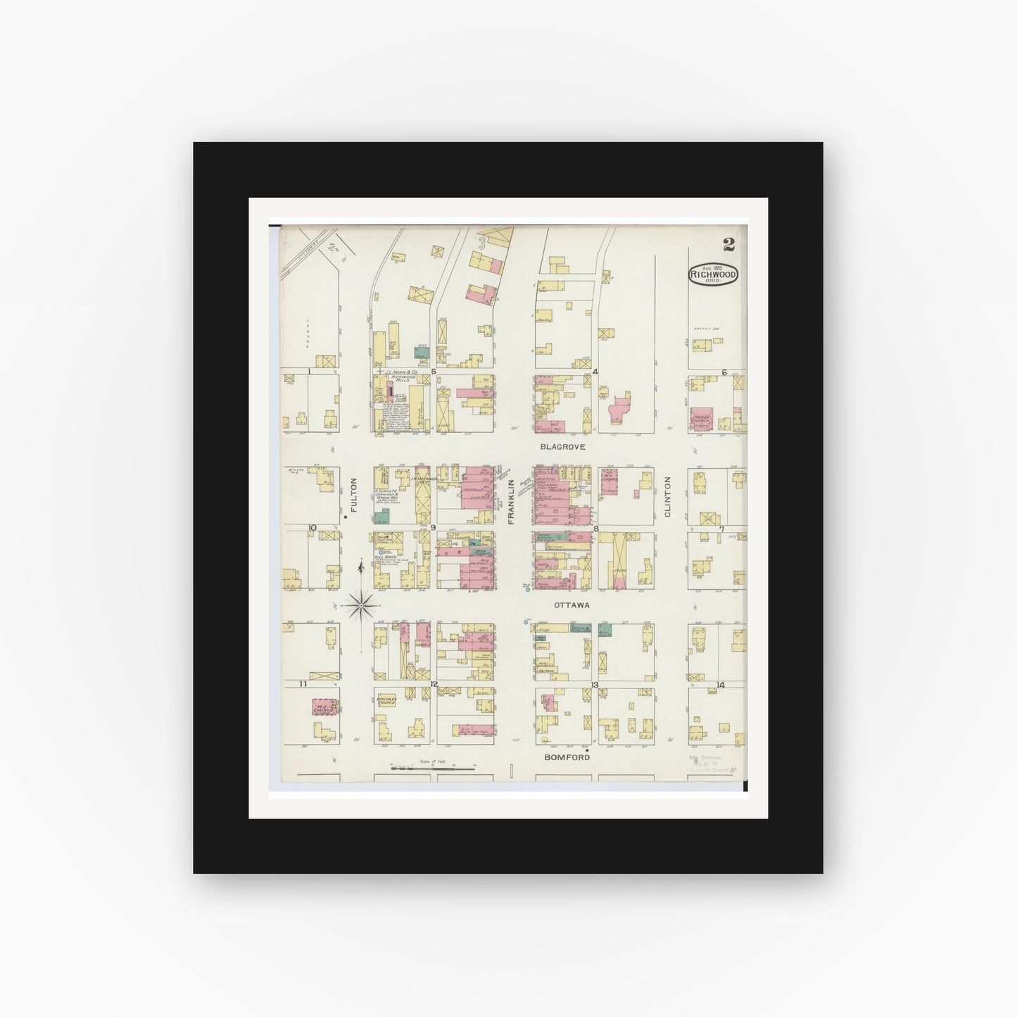Old map wall art mockup — black gallery frame with white mat — Sanborn Fire Insurance Map from Richwood, Union County, Ohio (1893), Sheet #0002
