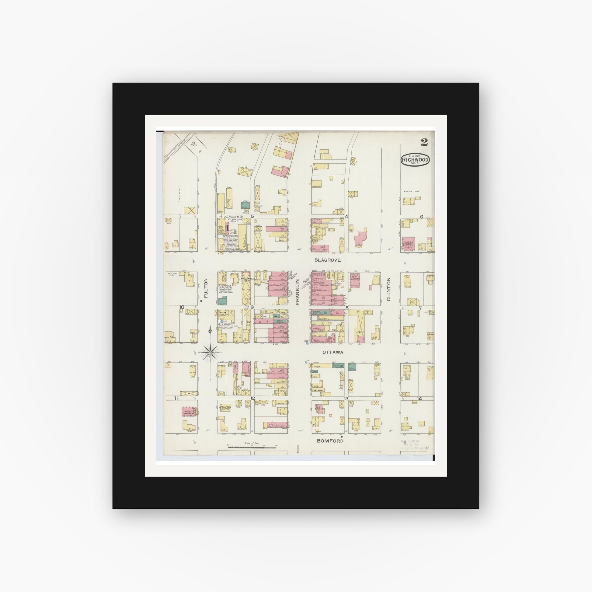 Old map wall art mockup — black gallery frame with white mat — Sanborn Fire Insurance Map from Richwood, Union County, Ohio (1893), Sheet #0002