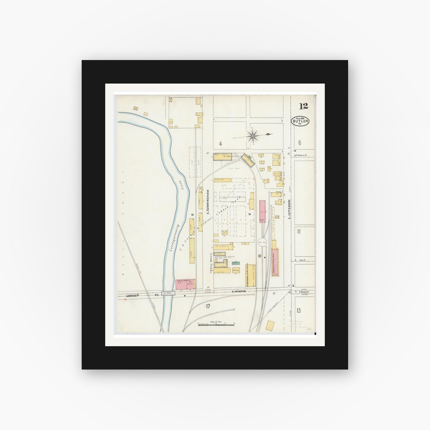 Old map wall art mockup — black gallery frame with white mat — Sanborn Fire Insurance Map from Butler, Butler County, Pennsylvania (1906), Sheet #0012