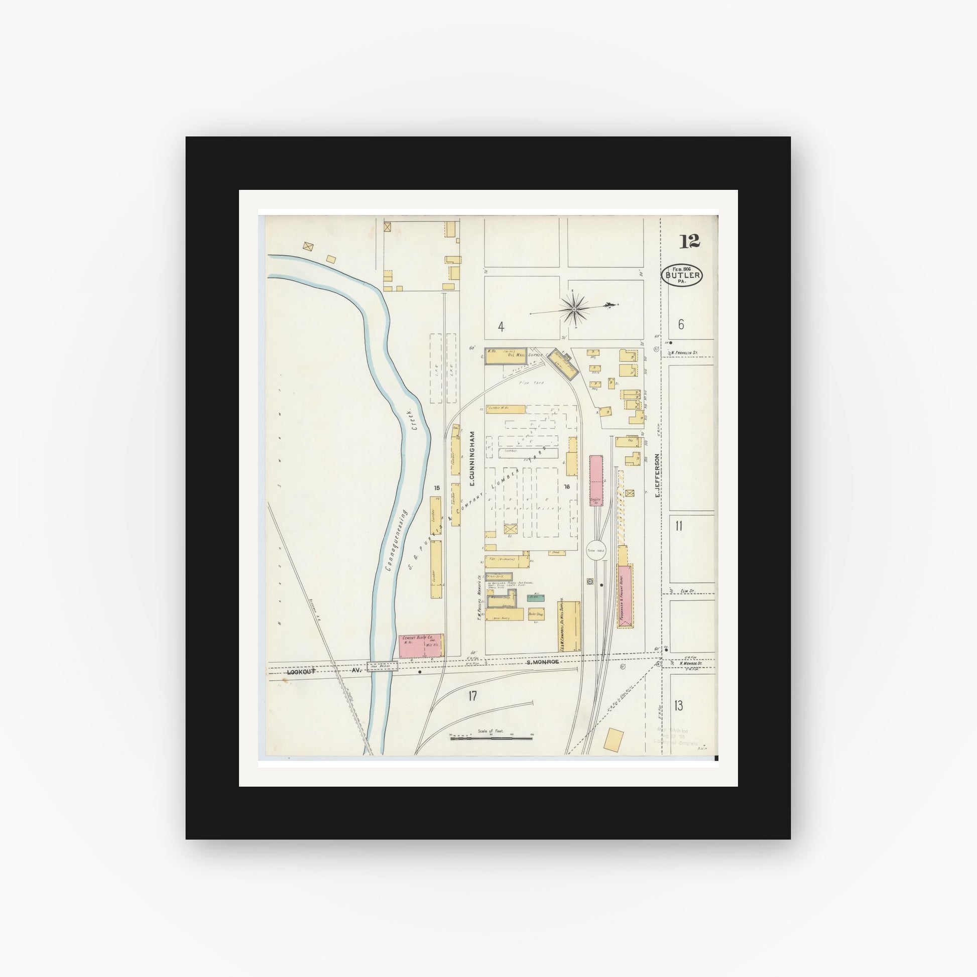 Old map wall art mockup — black gallery frame with white mat — Sanborn Fire Insurance Map from Butler, Butler County, Pennsylvania (1906), Sheet #0012