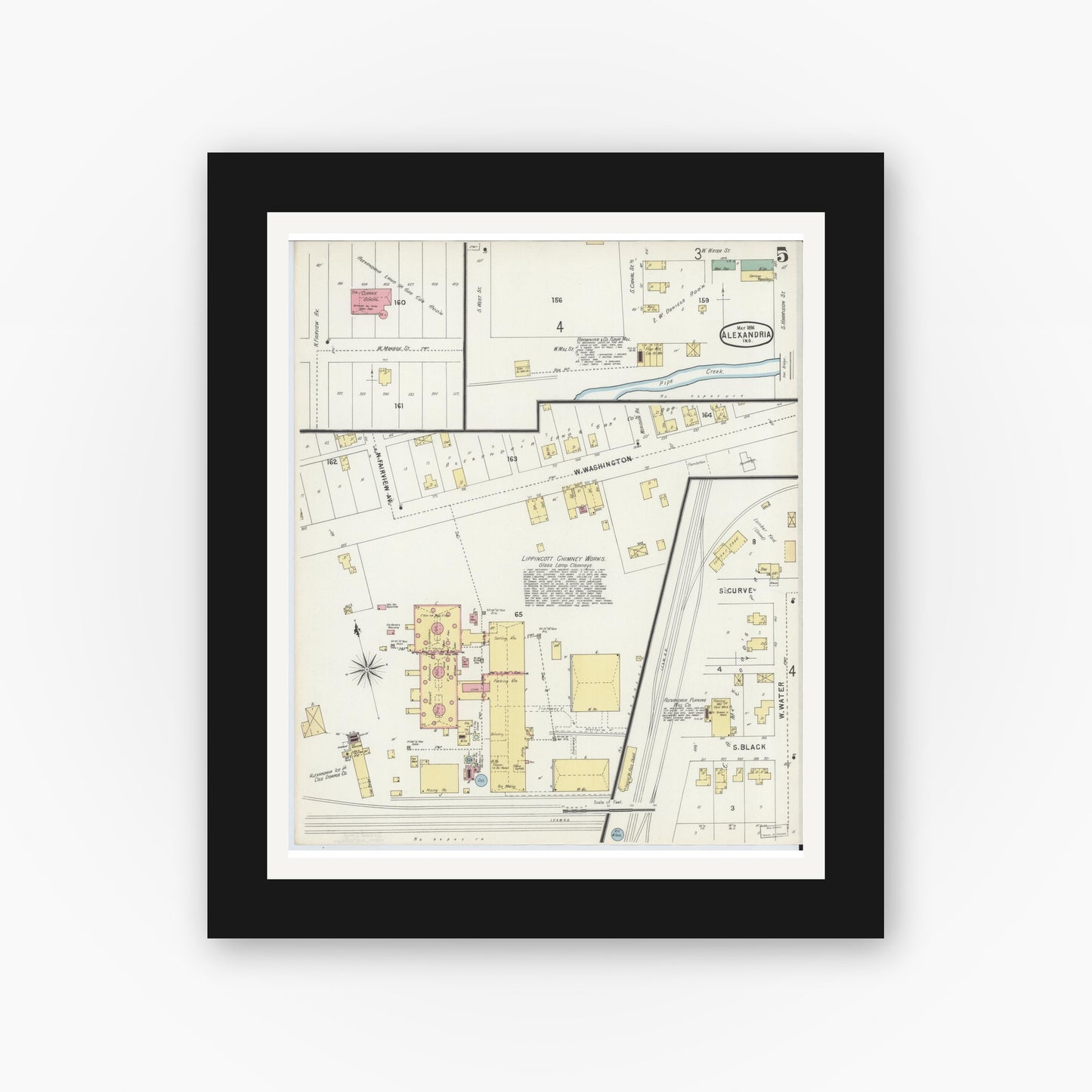 Old map wall art mockup — black gallery frame with white mat — Sanborn Fire Insurance Map from Alexandria, Madison County, Indiana (1896), Sheet #0005