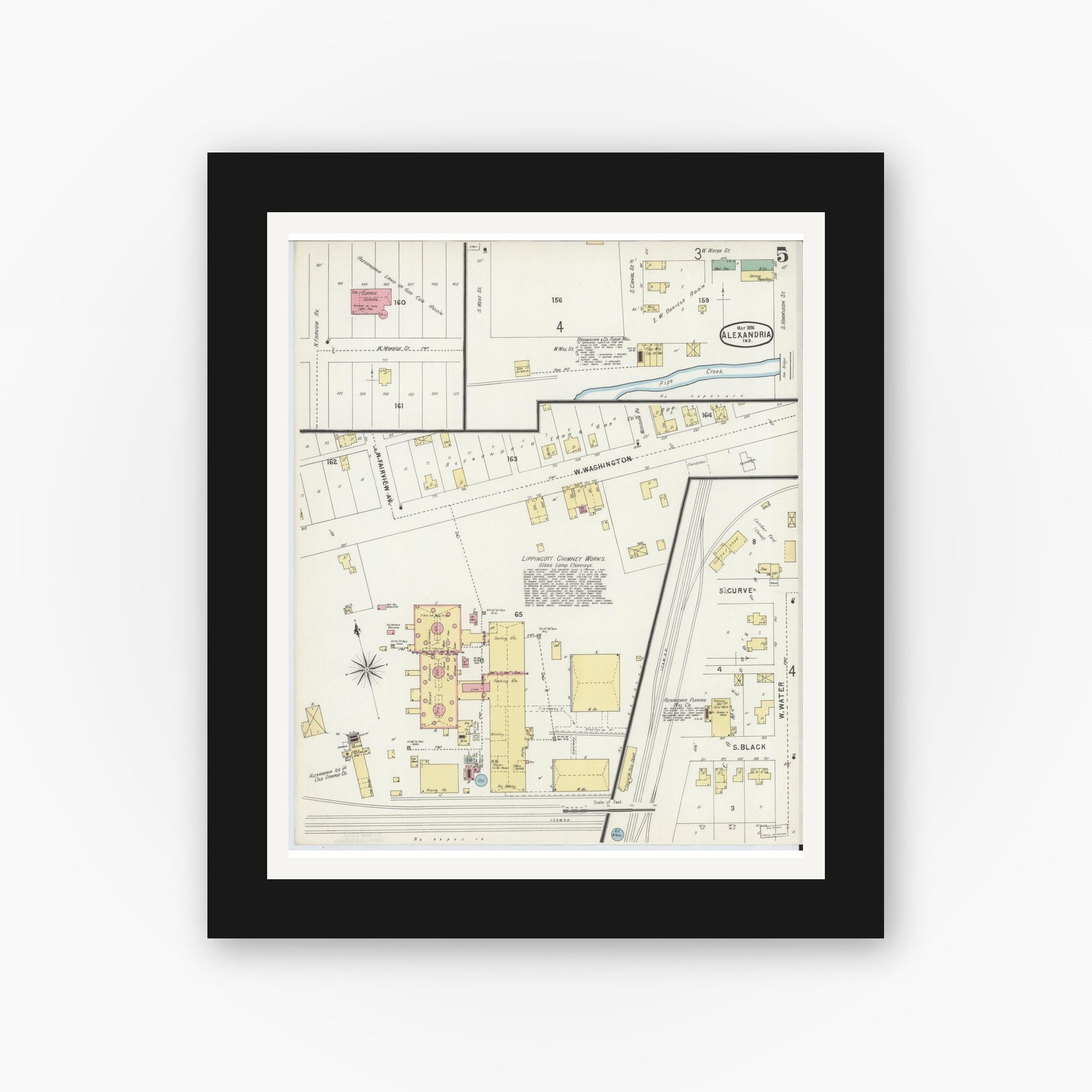 Old map wall art mockup — black gallery frame with white mat — Sanborn Fire Insurance Map from Alexandria, Madison County, Indiana (1896), Sheet #0005