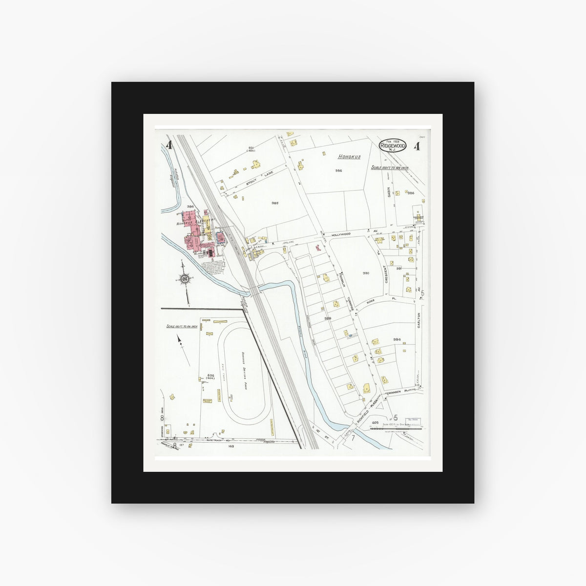 Old map wall art mockup — black gallery frame with white mat — Sanborn Fire Insurance Map from Ridgewood, Bergen County, New Jersey (1928), Sheet #0004