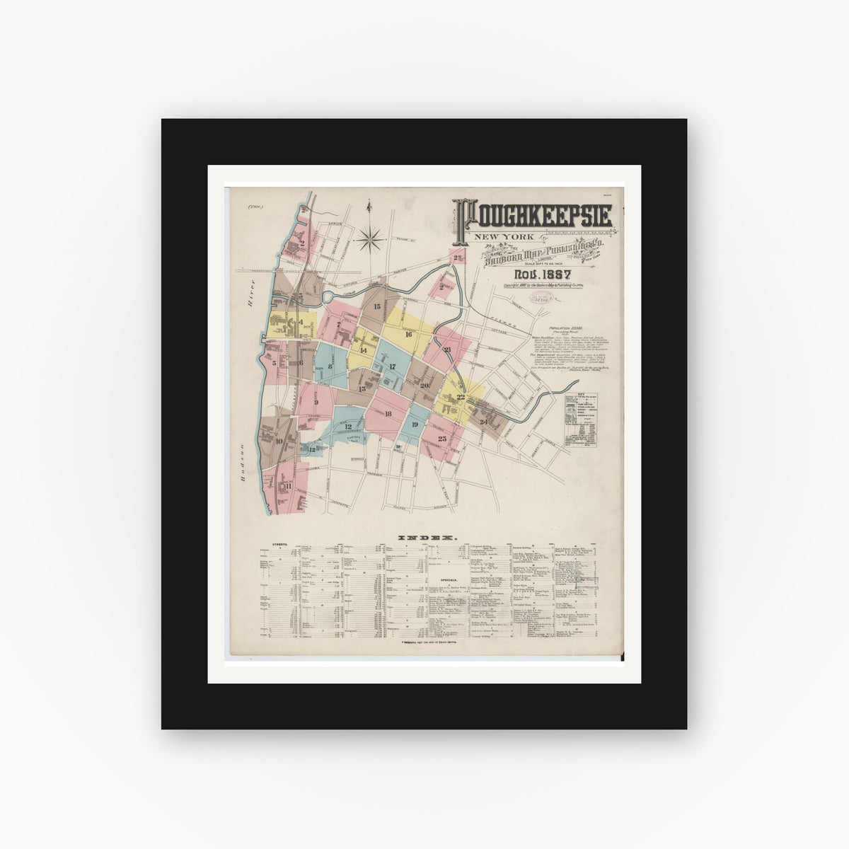Old map wall art mockup — black gallery frame with white mat — Sanborn Fire Insurance Map from Poughkeepsie, Dutchess County, New York (1887) - Complete Map Set