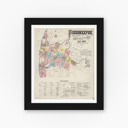 Old map wall art mockup — black gallery frame with white mat — Sanborn Fire Insurance Map from Poughkeepsie, Dutchess County, New York (1887) - Complete Map Set