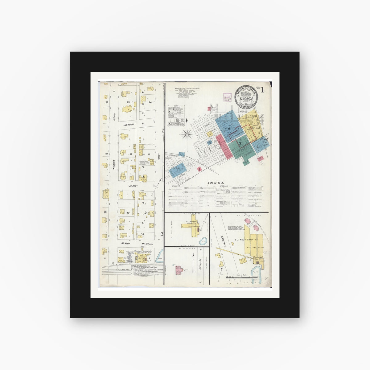Old map wall art mockup — black gallery frame with white mat — Sanborn Fire Insurance Map from Eldorado, Saline County, Illinois (1907), Sheet #0001