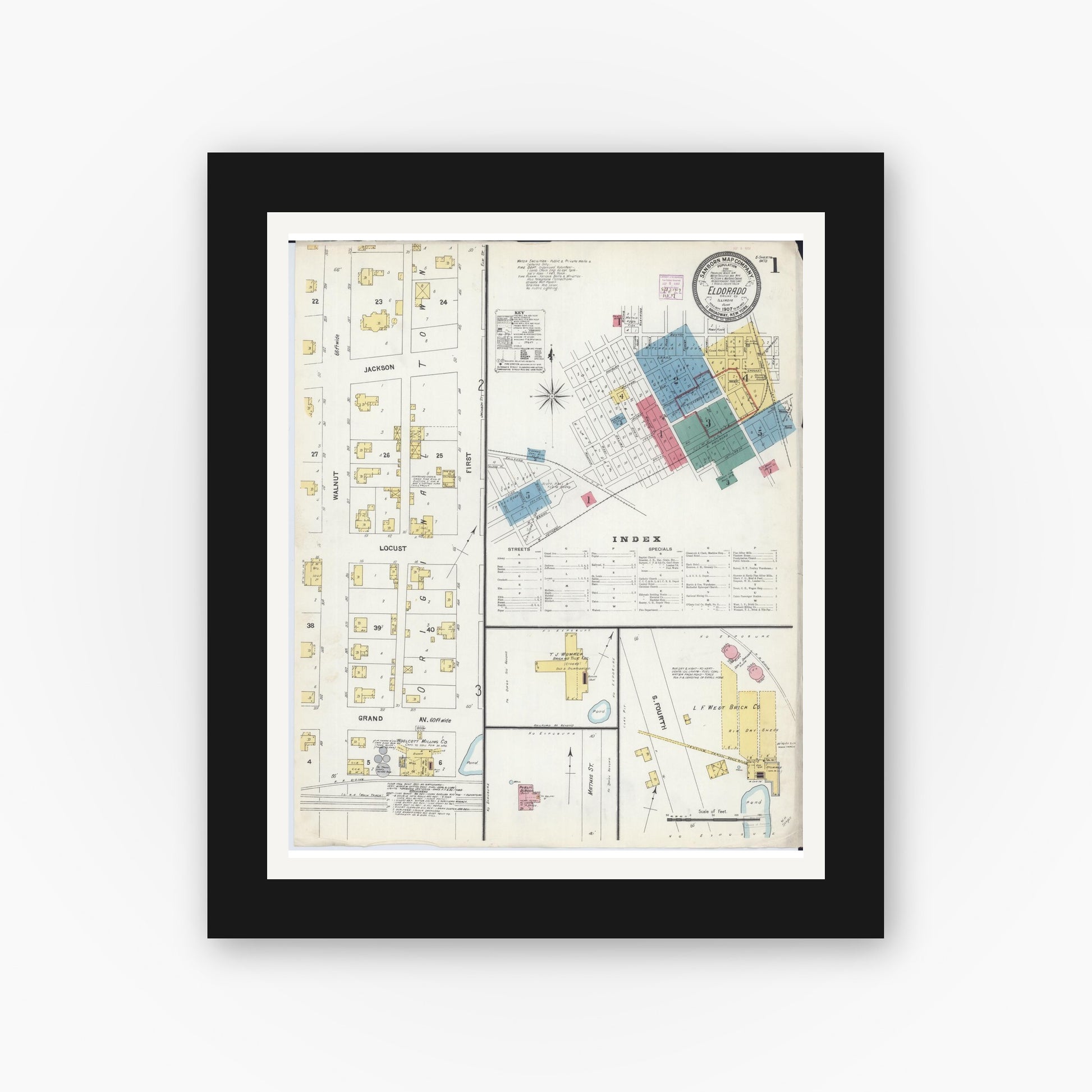 Old map wall art mockup — black gallery frame with white mat — Sanborn Fire Insurance Map from Eldorado, Saline County, Illinois (1907), Sheet #0001