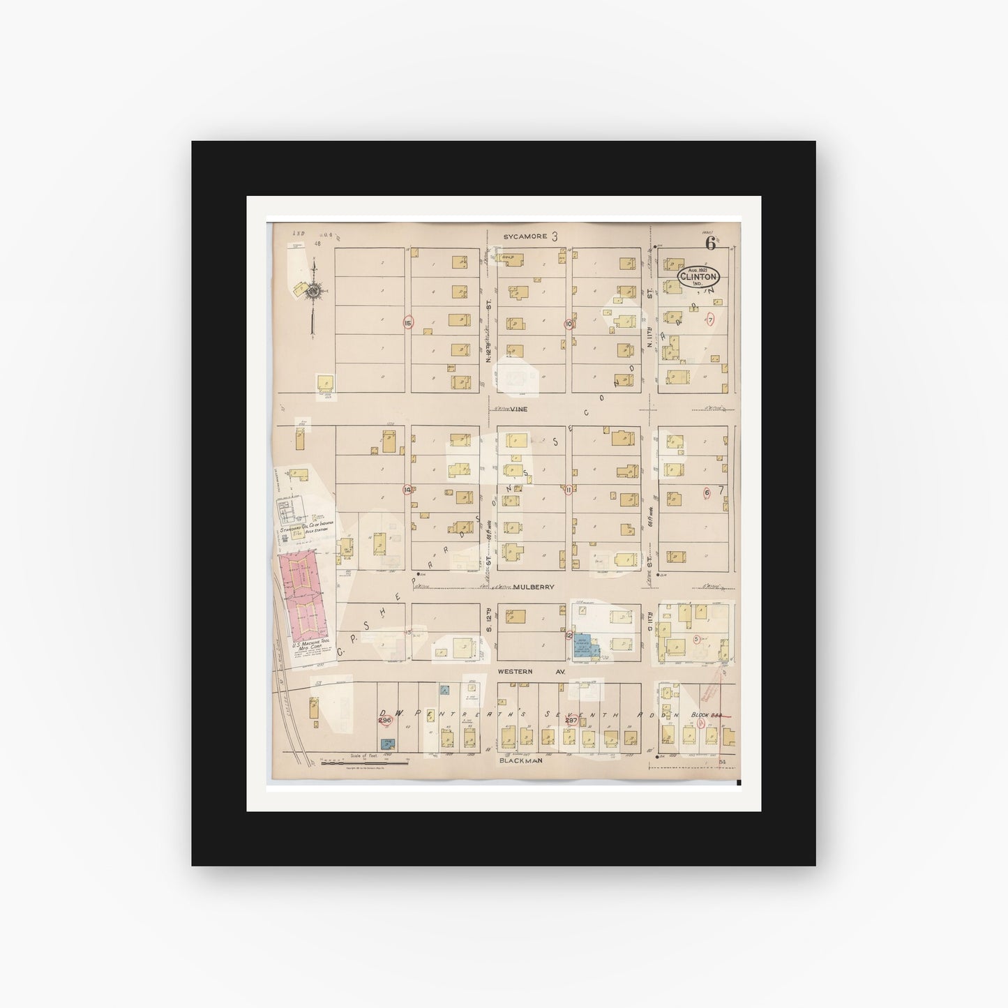 Old map wall art mockup — black gallery frame with white mat — Sanborn Fire Insurance Map from Clinton, Vermillion County, Indiana (1947), Sheet #0006