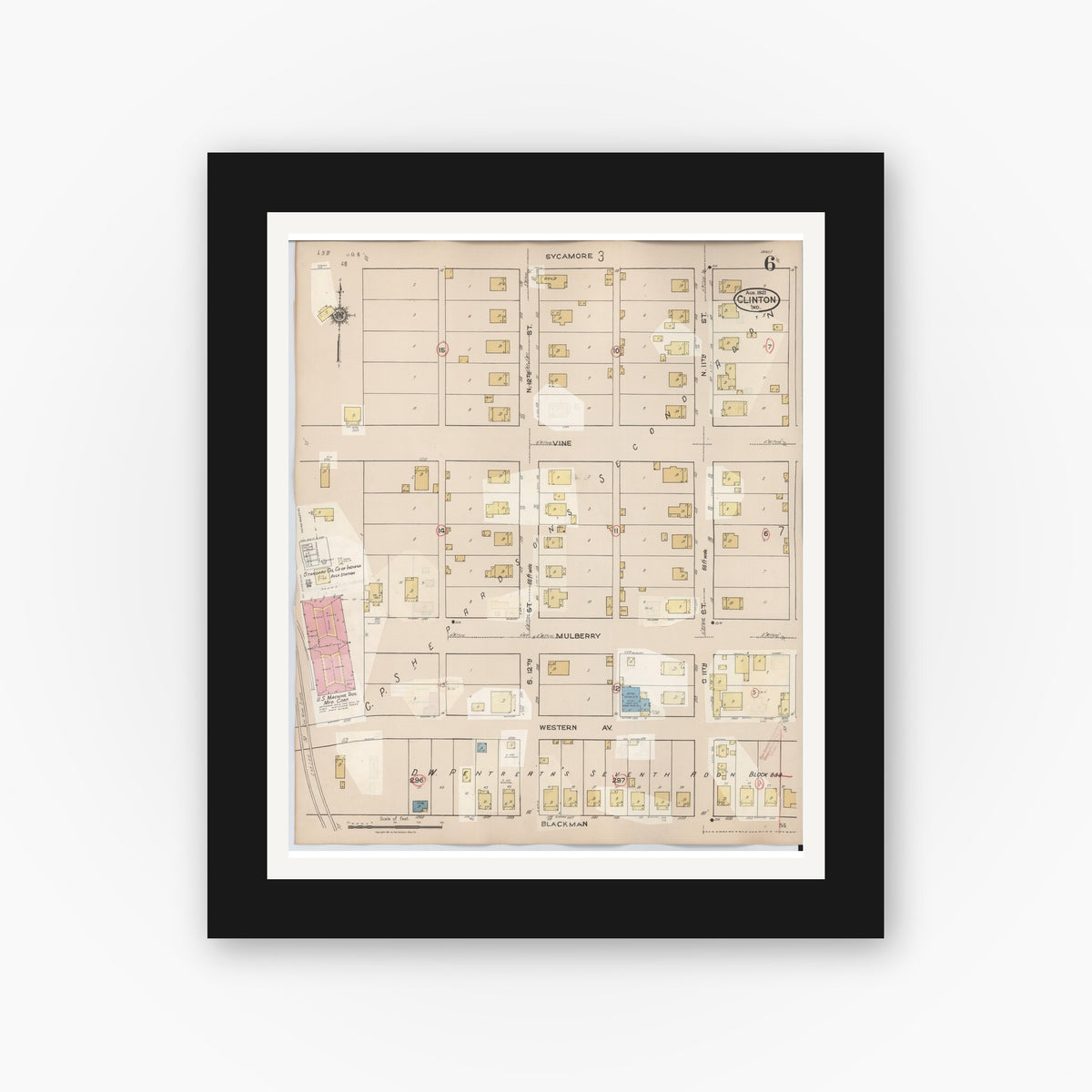Old map wall art mockup — black gallery frame with white mat — Sanborn Fire Insurance Map from Clinton, Vermillion County, Indiana (1947), Sheet #0006