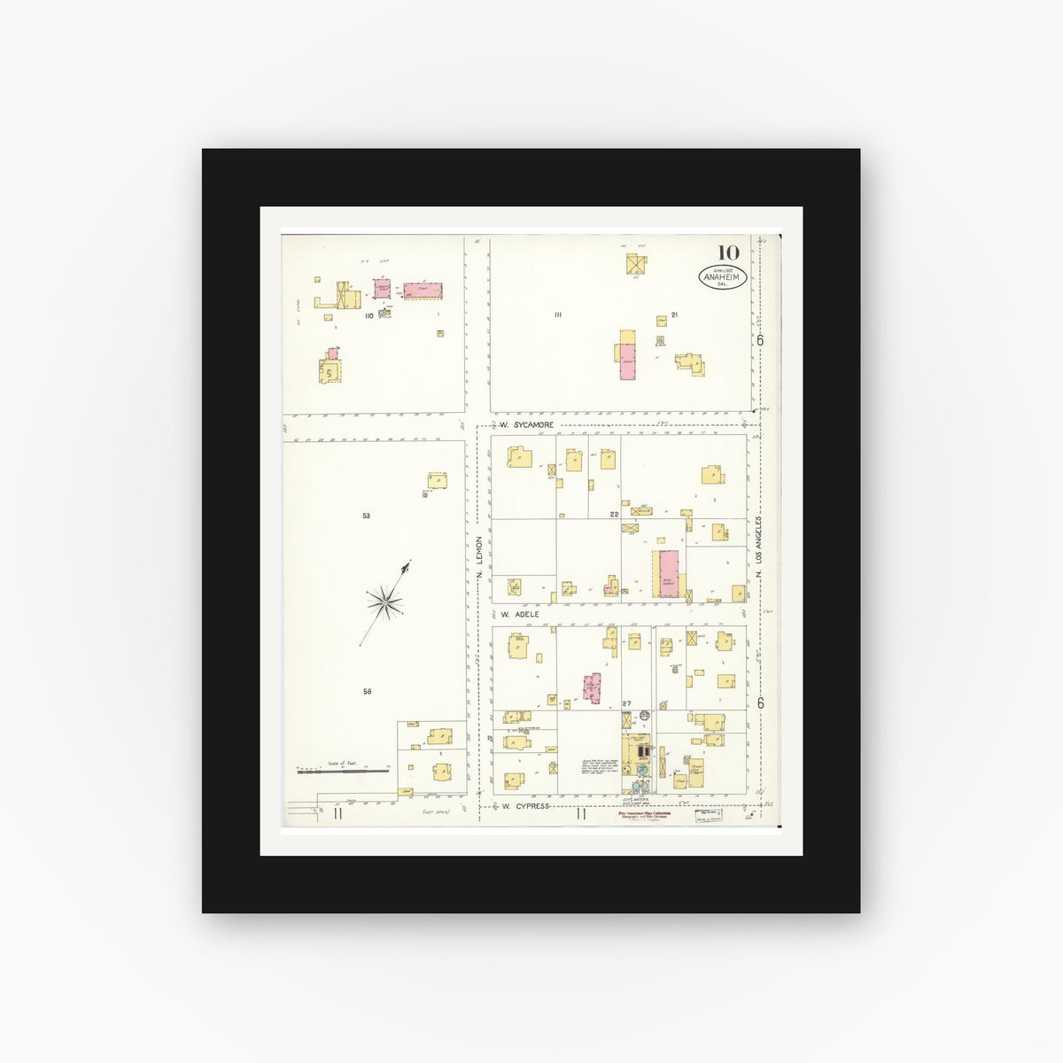 Old map wall art mockup — black gallery frame with white mat — Sanborn Fire Insurance Map from Anaheim, Orange County, California (1907), Sheet #0010