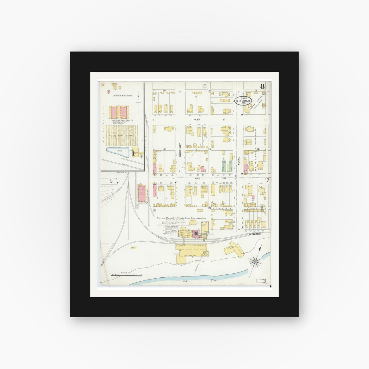 Old map wall art mockup — black gallery frame with white mat — Sanborn Fire Insurance Map from Mount Vernon, Posey County, Indiana (1899), Sheet #0008