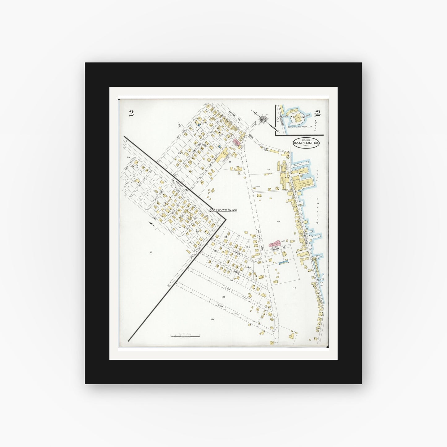 Old map wall art mockup — black gallery frame with white mat — Sanborn Fire Insurance Map from Buckeye Lake, Licking County, Ohio (1929), Sheet #0002
