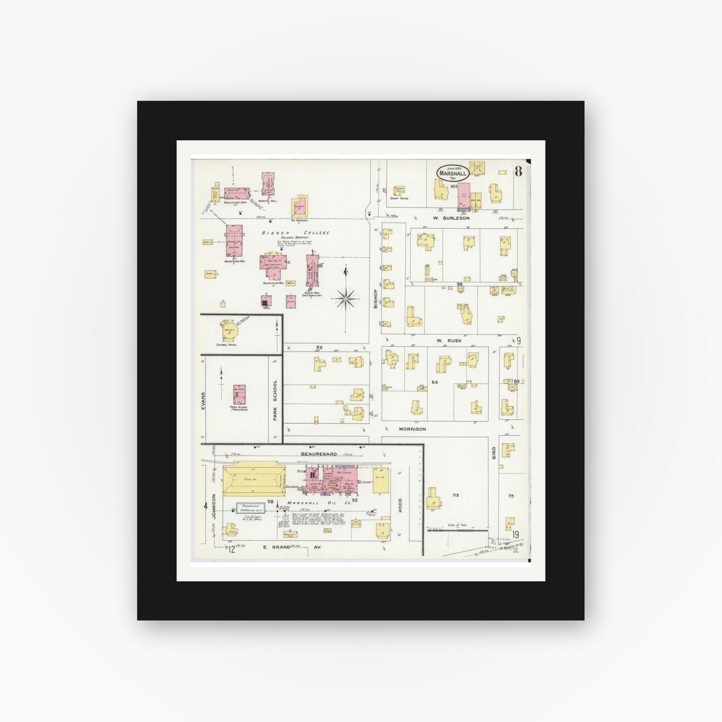 Old map wall art mockup — black gallery frame with white mat — Sanborn Fire Insurance Map from Marshall, Harrison County, Texas (1909), Sheet #0008