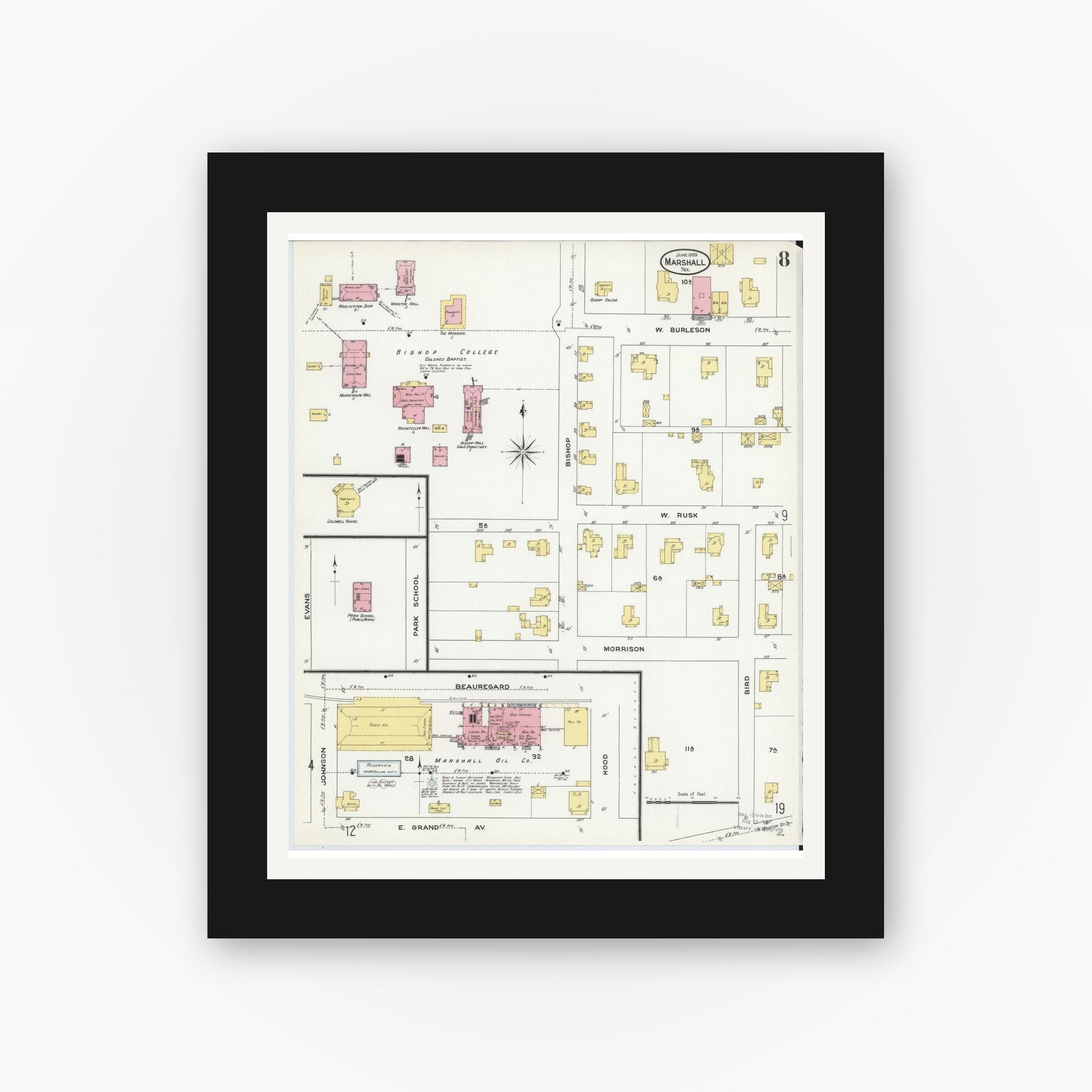 Old map wall art mockup — black gallery frame with white mat — Sanborn Fire Insurance Map from Marshall, Harrison County, Texas (1909), Sheet #0008