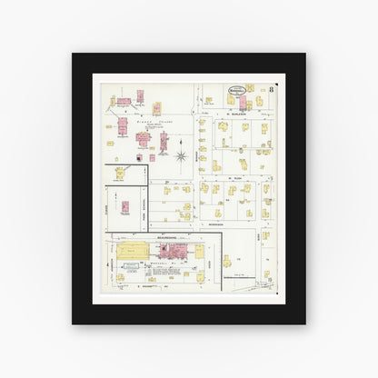 Old map wall art mockup — black gallery frame with white mat — Sanborn Fire Insurance Map from Marshall, Harrison County, Texas (1909), Sheet #0008