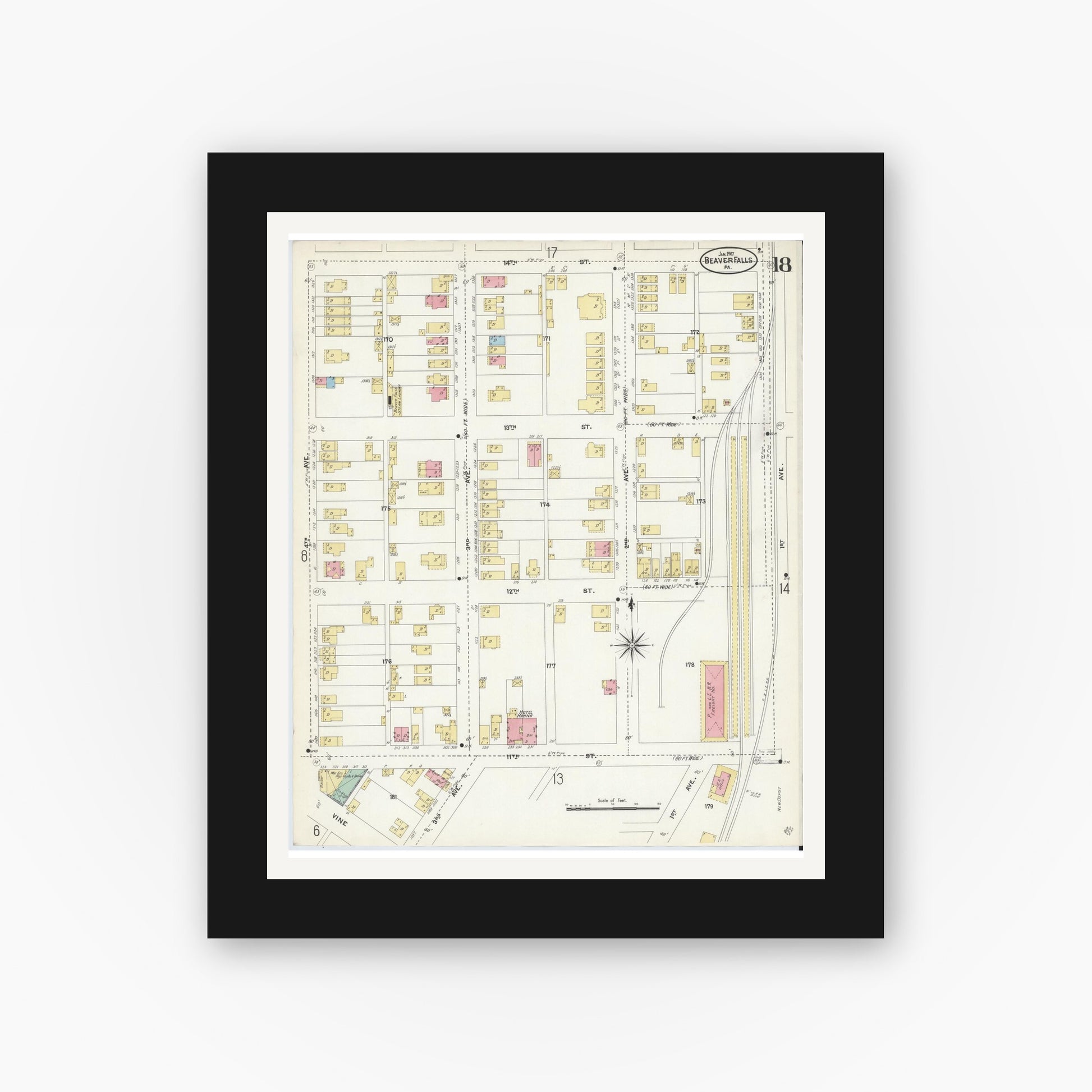 Old map wall art mockup — black gallery frame with white mat — Sanborn Fire Insurance Map from Beaver Falls, Beaver County, Pennsylvania (1907), Sheet #0018