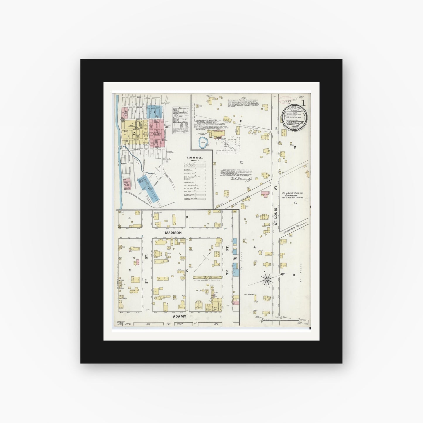 Old map wall art mockup — black gallery frame with white mat — Sanborn Fire Insurance Map from Cannelton, Perry County, Indiana (1892), Sheet #0001