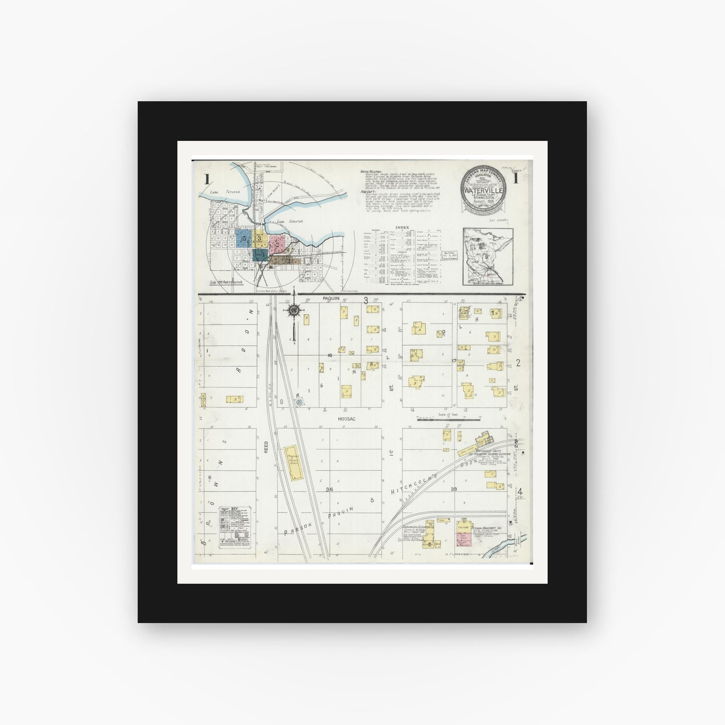 Old map wall art mockup — black gallery frame with white mat — Sanborn Fire Insurance Map from Waterville, Le Sueur County, Minnesota (1924), Sheet #0001
