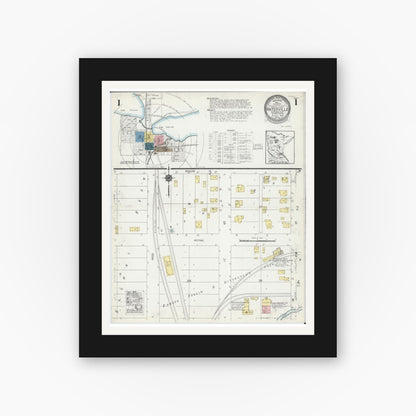 Old map wall art mockup — black gallery frame with white mat — Sanborn Fire Insurance Map from Waterville, Le Sueur County, Minnesota (1924), Sheet #0001