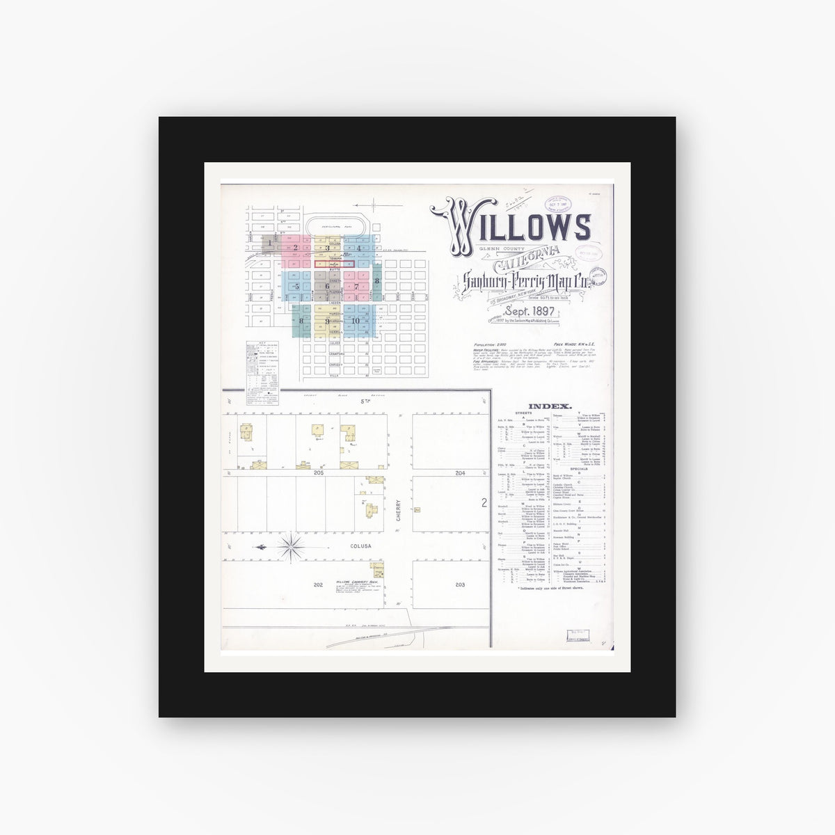 Old map wall art mockup — black gallery frame with white mat — Sanborn Fire Insurance Map from Willows, Glenn County, California (1897) - Complete Map Set