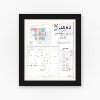 Old map wall art mockup — black gallery frame with white mat — Sanborn Fire Insurance Map from Willows, Glenn County, California (1897) - Complete Map Set