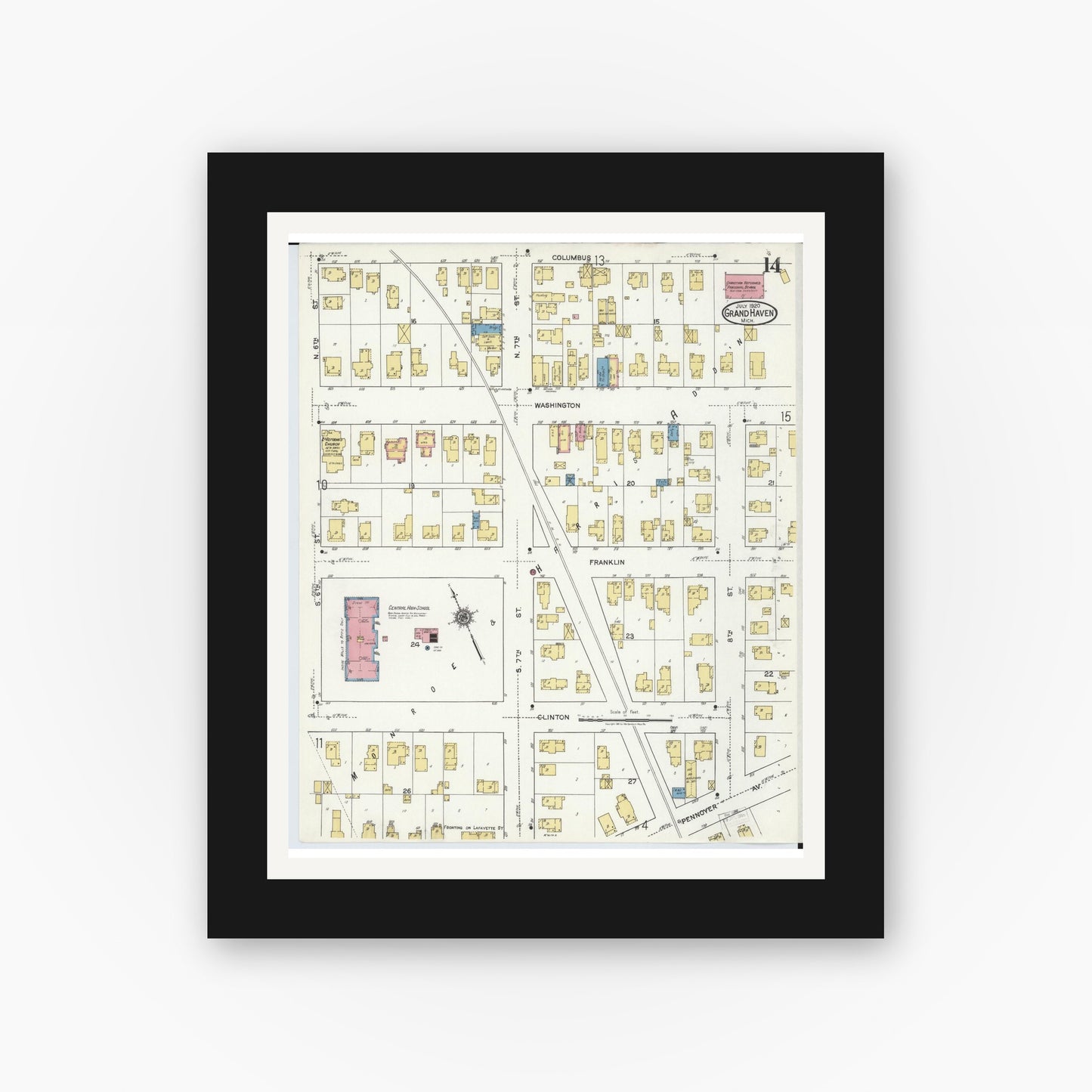 Old map wall art mockup — black gallery frame with white mat — Sanborn Fire Insurance Map from Grand Haven, Ottawa County, Michigan (1920), Sheet #0014