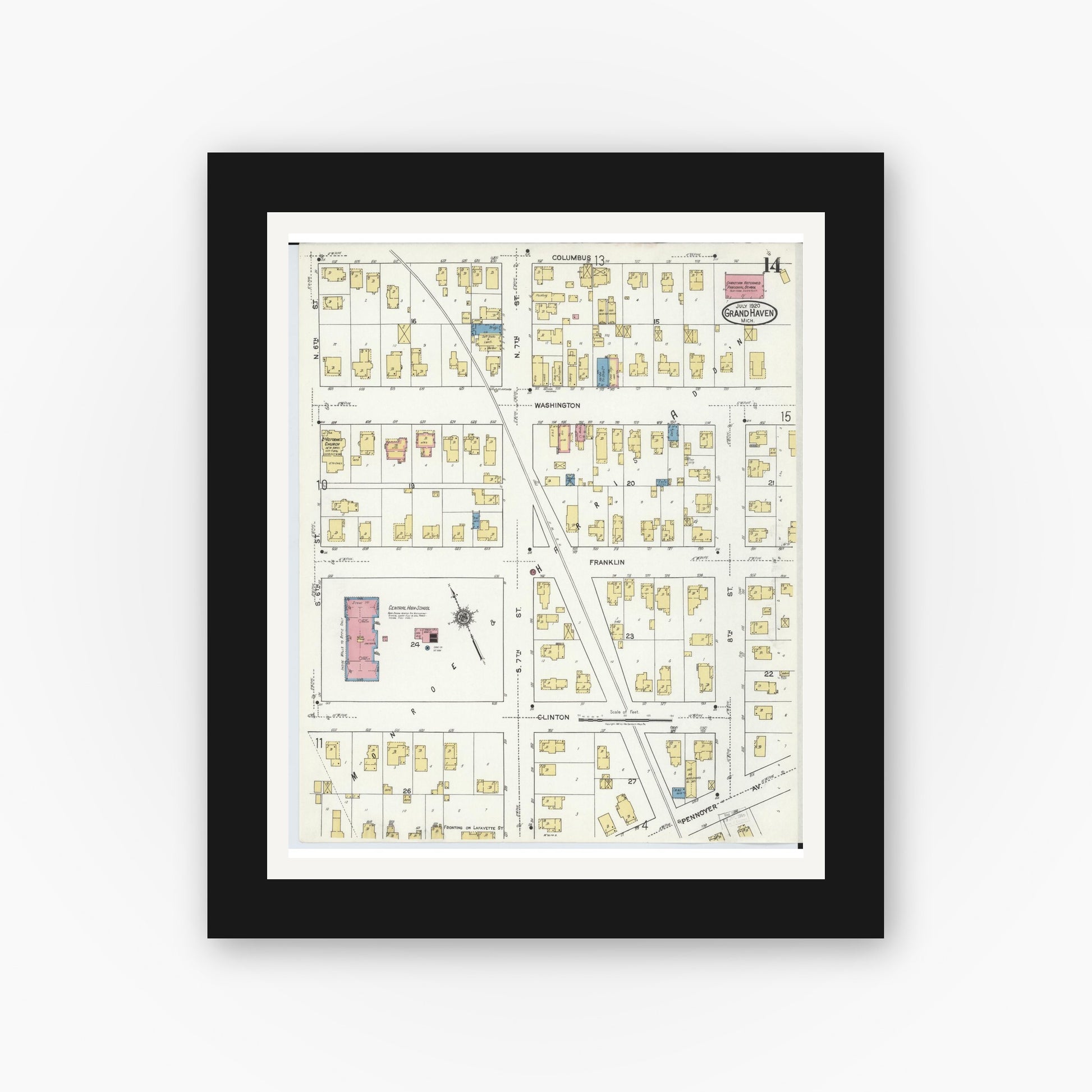 Old map wall art mockup — black gallery frame with white mat — Sanborn Fire Insurance Map from Grand Haven, Ottawa County, Michigan (1920), Sheet #0014