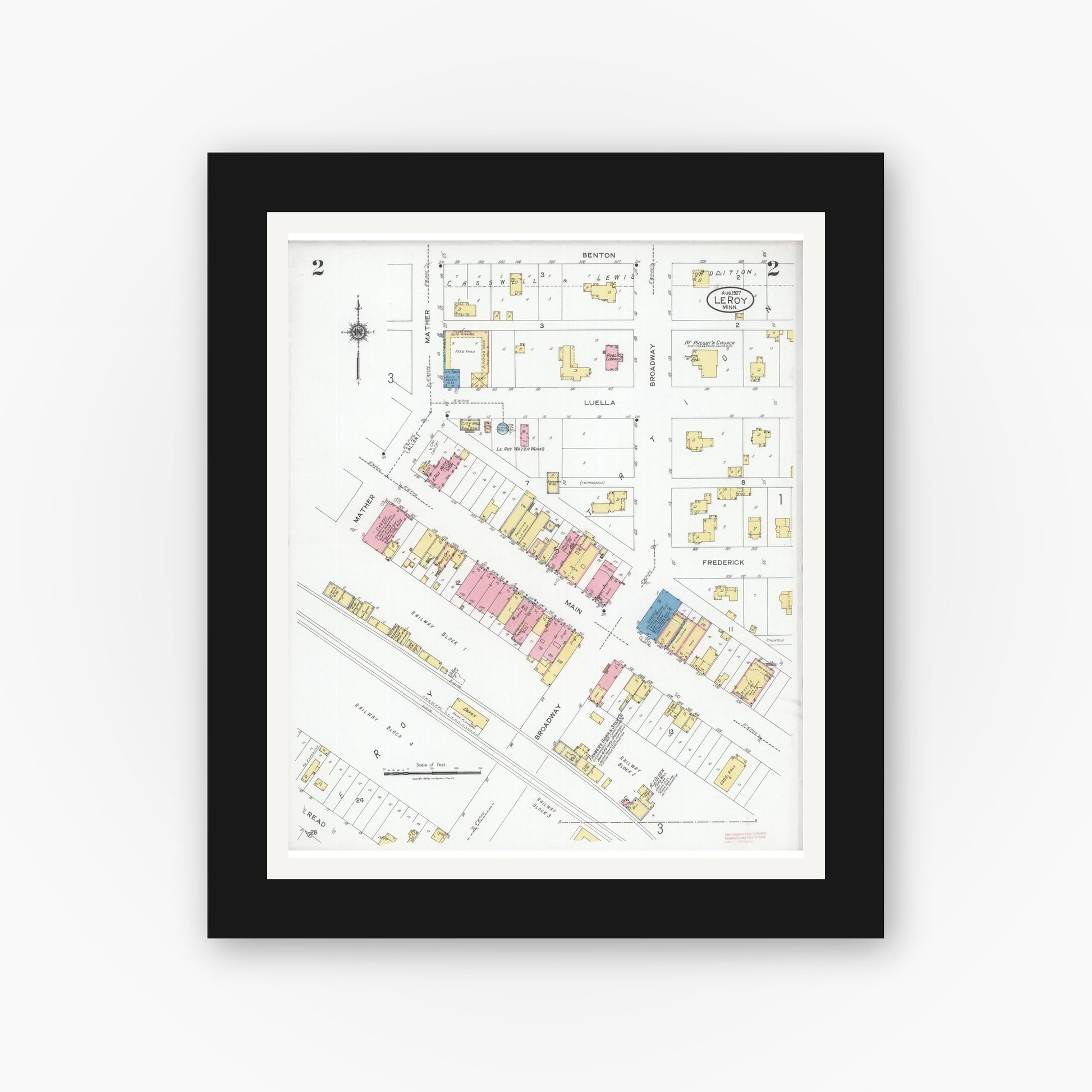 Old map wall art mockup — black gallery frame with white mat — Sanborn Fire Insurance Map from Le Roy, Mower County, Minnesota (1927), Sheet #0002