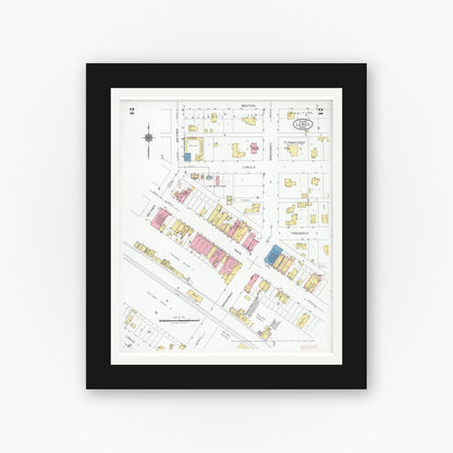 Old map wall art mockup — black gallery frame with white mat — Sanborn Fire Insurance Map from Le Roy, Mower County, Minnesota (1927), Sheet #0002