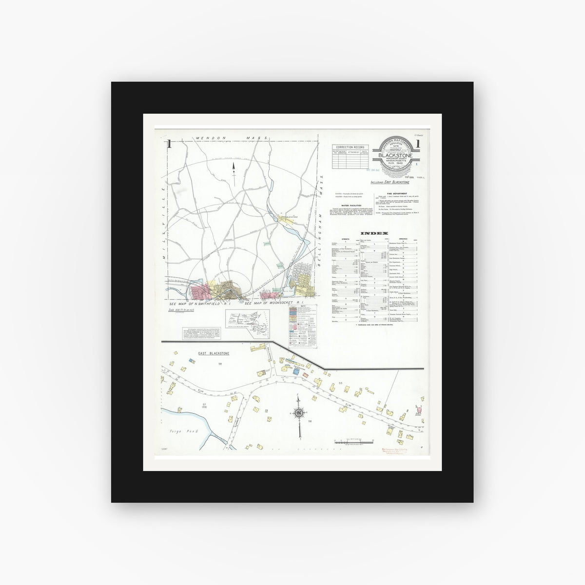 Old map wall art mockup — black gallery frame with white mat — Sanborn Fire Insurance Map from Blackstone, Worcester County, Massachusetts (1940), Sheet #0001