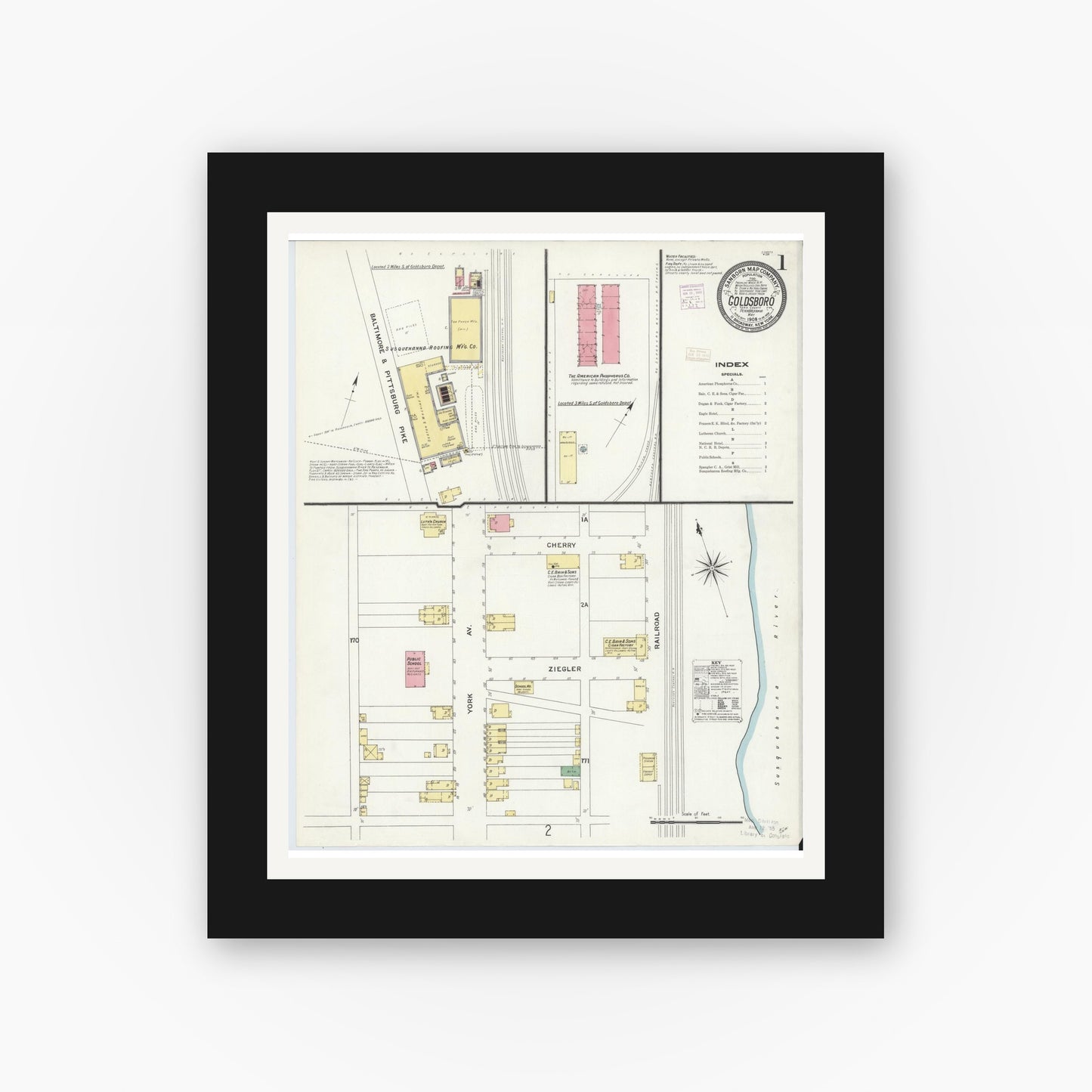 Old map wall art mockup — black gallery frame with white mat — Sanborn Fire Insurance Map from Goldsboro, York County, Pennsylvania (1908) - Complete Map Set