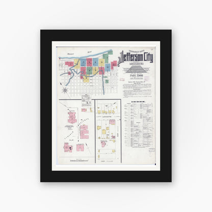 Old map wall art mockup — black gallery frame with white mat — Sanborn Fire Insurance Map from Jefferson City, Cole County, Missouri (1908), Sheet #0001