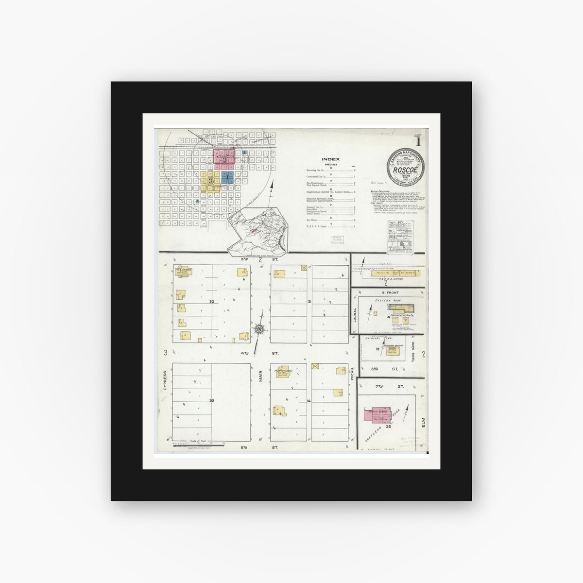 Old map wall art mockup — black gallery frame with white mat — Sanborn Fire Insurance Map from Roscoe, Nolan County, Texas (1921), Sheet #0001