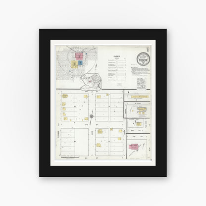 Old map wall art mockup — black gallery frame with white mat — Sanborn Fire Insurance Map from Roscoe, Nolan County, Texas (1921), Sheet #0001