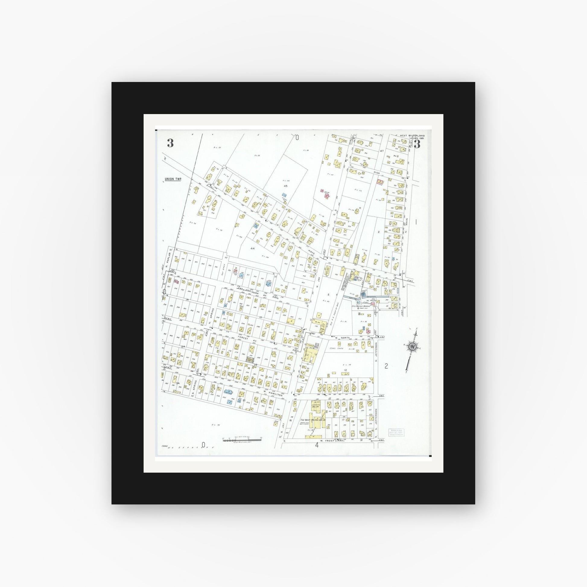 Old map wall art mockup — black gallery frame with white mat — Sanborn Fire Insurance Map from West Milton, Miami County, Ohio (1951), Sheet #0003