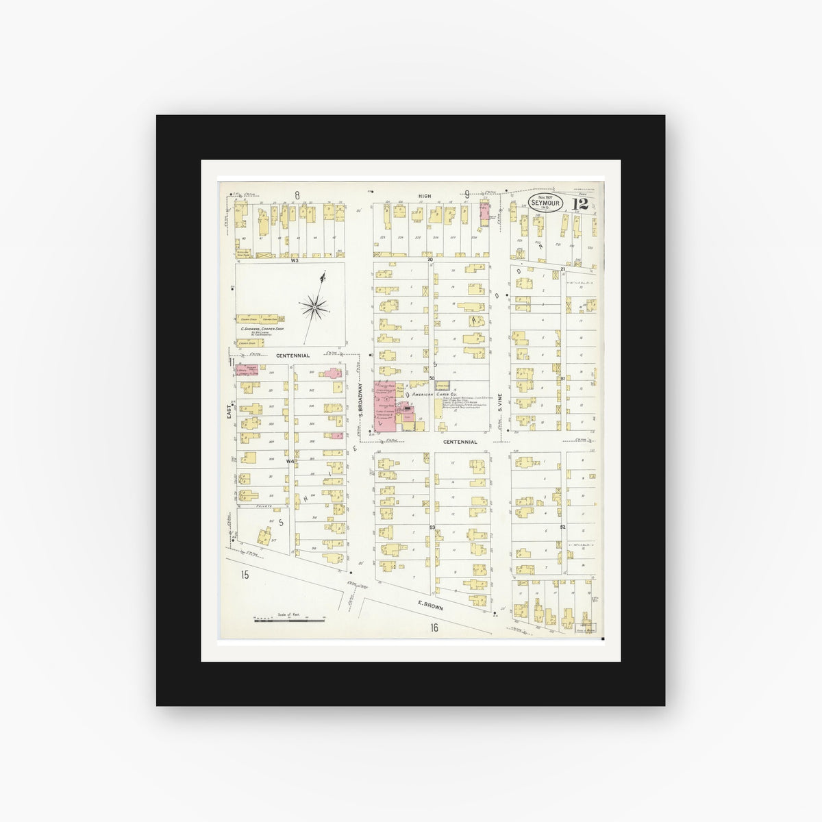 Old map wall art mockup — black gallery frame with white mat — Sanborn Fire Insurance Map from Seymour, Jackson County, Indiana (1907), Sheet #0012