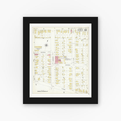 Old map wall art mockup — black gallery frame with white mat — Sanborn Fire Insurance Map from Seymour, Jackson County, Indiana (1907), Sheet #0012