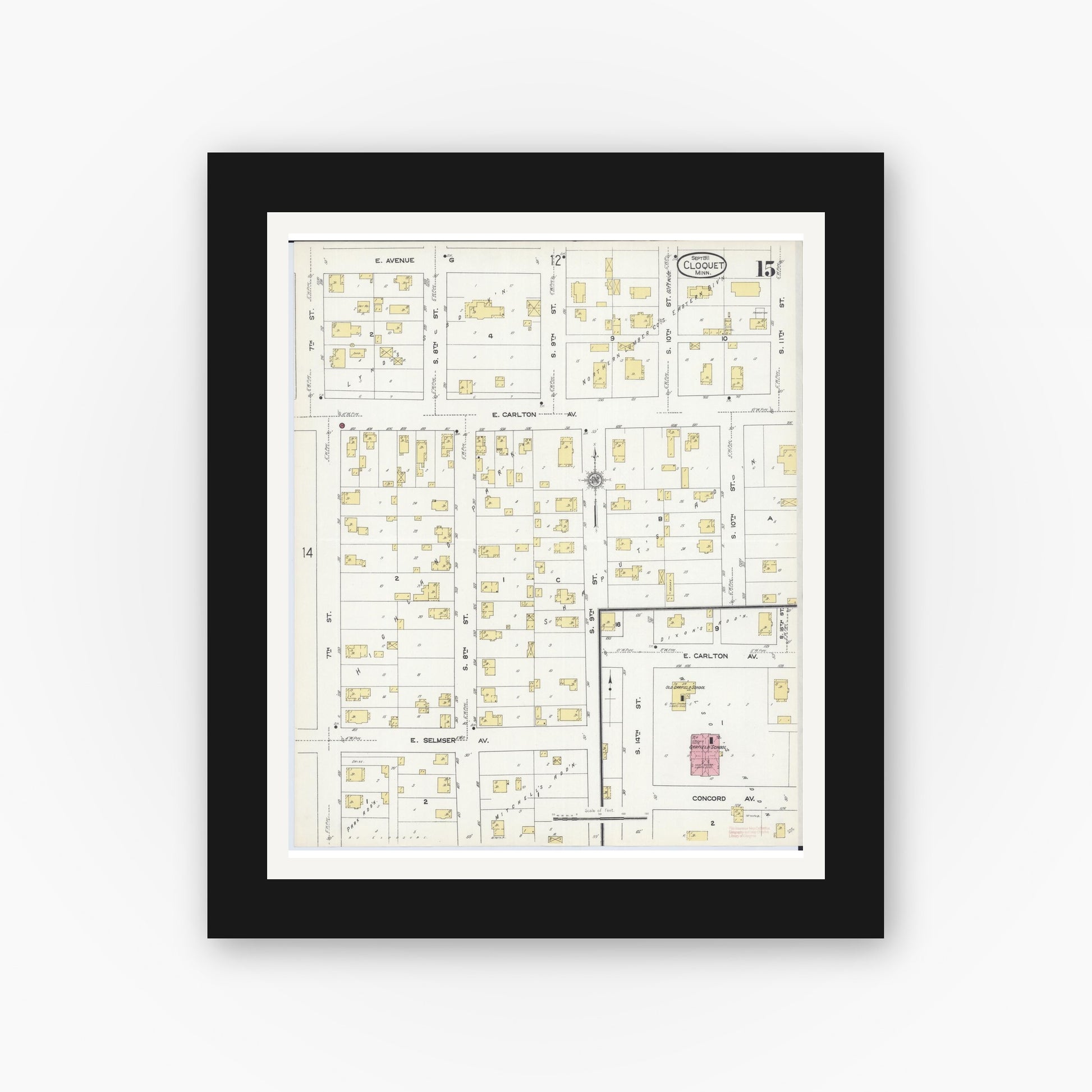 Old map wall art mockup — black gallery frame with white mat — Sanborn Fire Insurance Map from Cloquet, Carlton County, Minnesota (1911), Sheet #0015