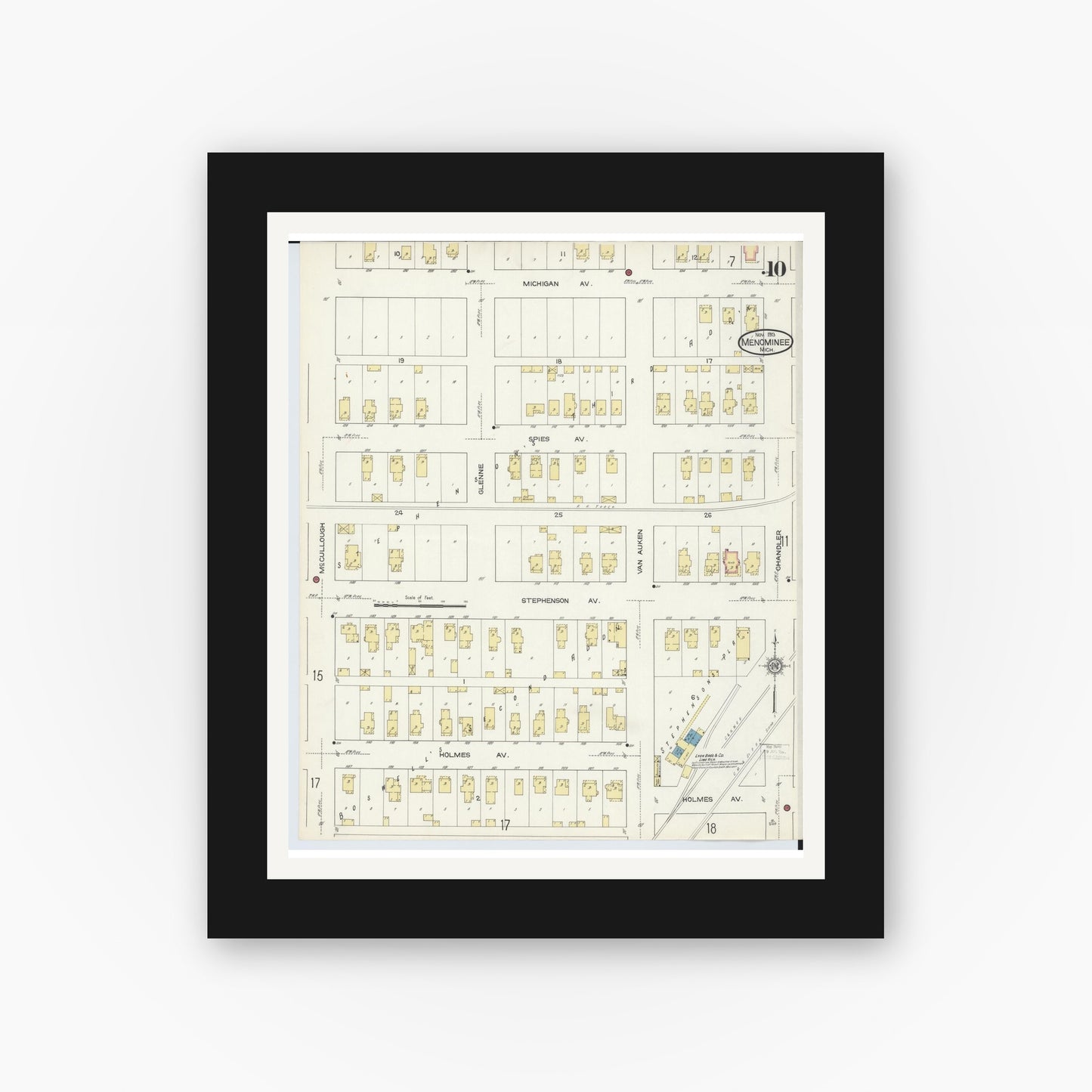 Old map wall art mockup — black gallery frame with white mat — Sanborn Fire Insurance Map from Menominee, Menominee County, Michigan (1913), Sheet #0010