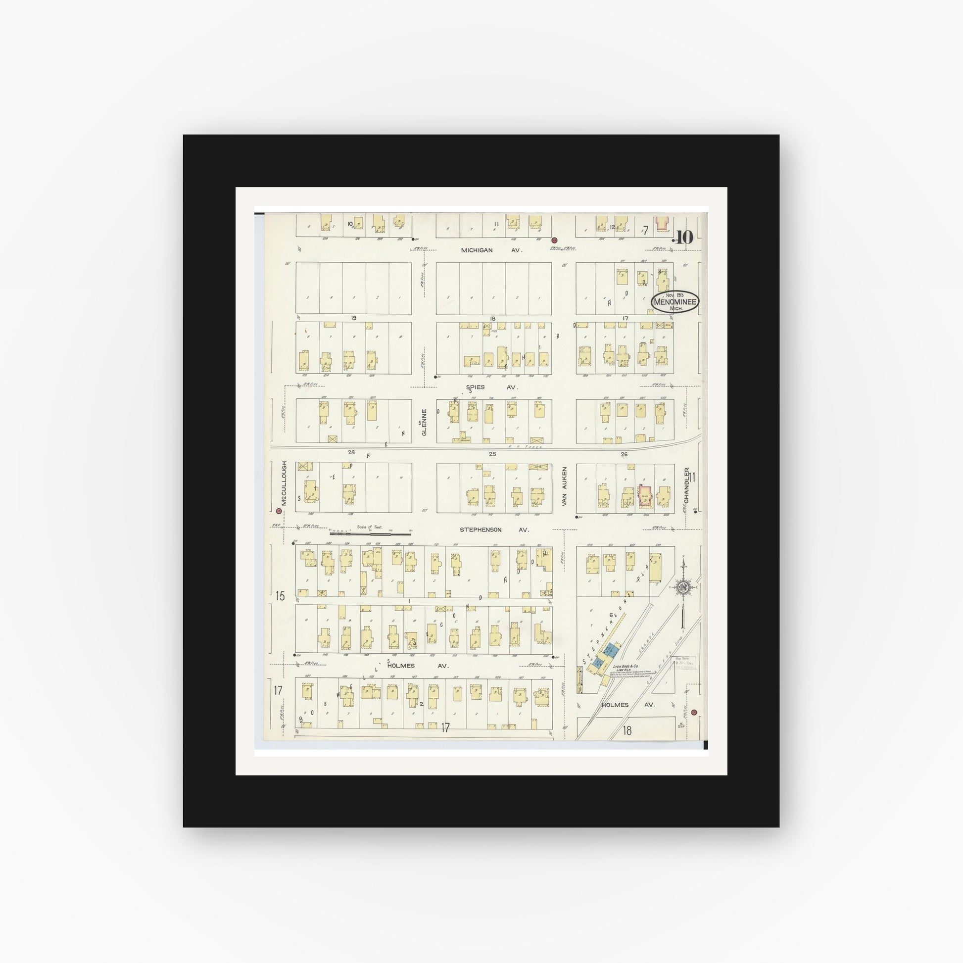 Old map wall art mockup — black gallery frame with white mat — Sanborn Fire Insurance Map from Menominee, Menominee County, Michigan (1913), Sheet #0010