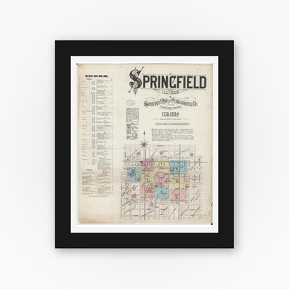 Old map wall art mockup — black gallery frame with white mat — Sanborn Fire Insurance Map from Springfield, Sangamon County, Illinois (1884), Sheet #0001