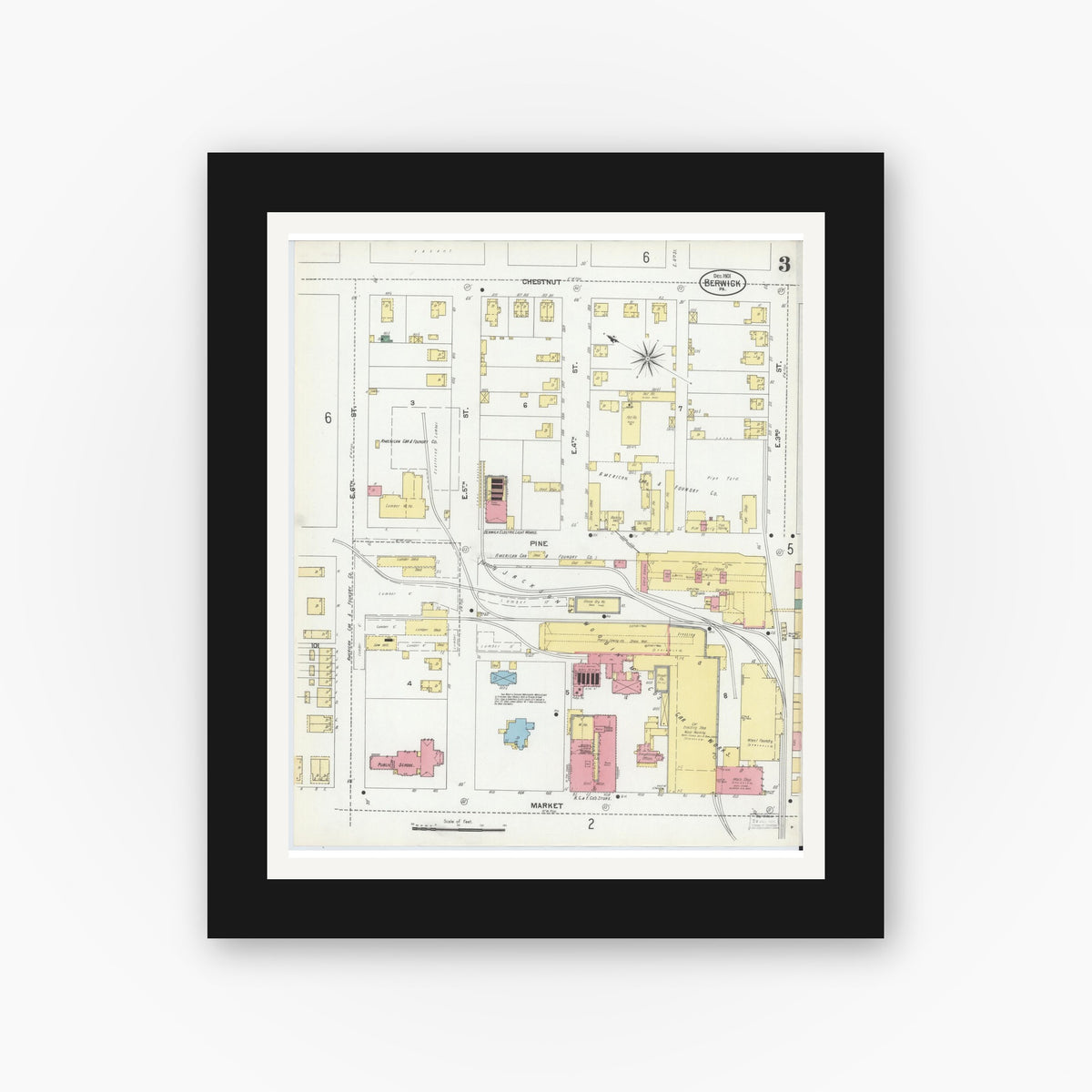 Old map wall art mockup — black gallery frame with white mat — Sanborn Fire Insurance Map from Berwick, Columbia County, Pennsylvania (1901), Sheet #0003