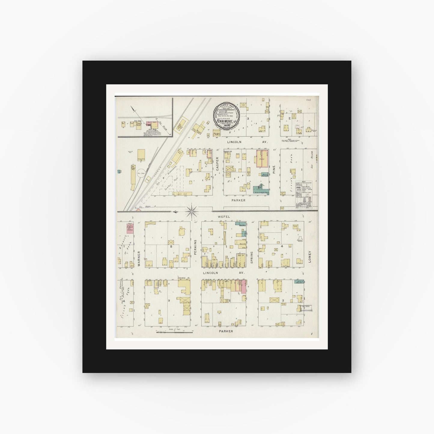 Old map wall art mockup — black gallery frame with white mat — Sanborn Fire Insurance Map from Fennimore, Grant County, Wisconsin (1894), Sheet #0001