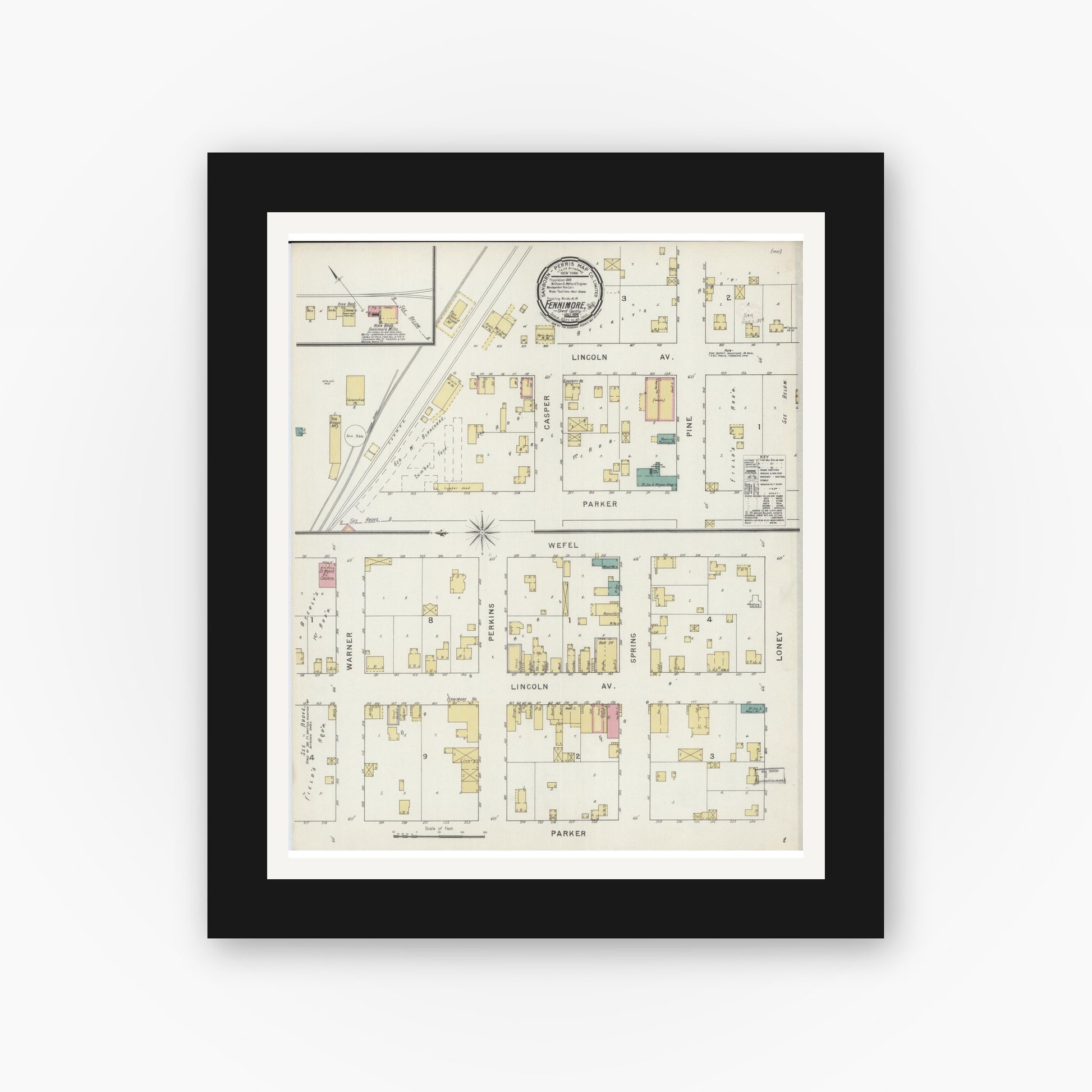 Old map wall art mockup — black gallery frame with white mat — Sanborn Fire Insurance Map from Fennimore, Grant County, Wisconsin (1894), Sheet #0001