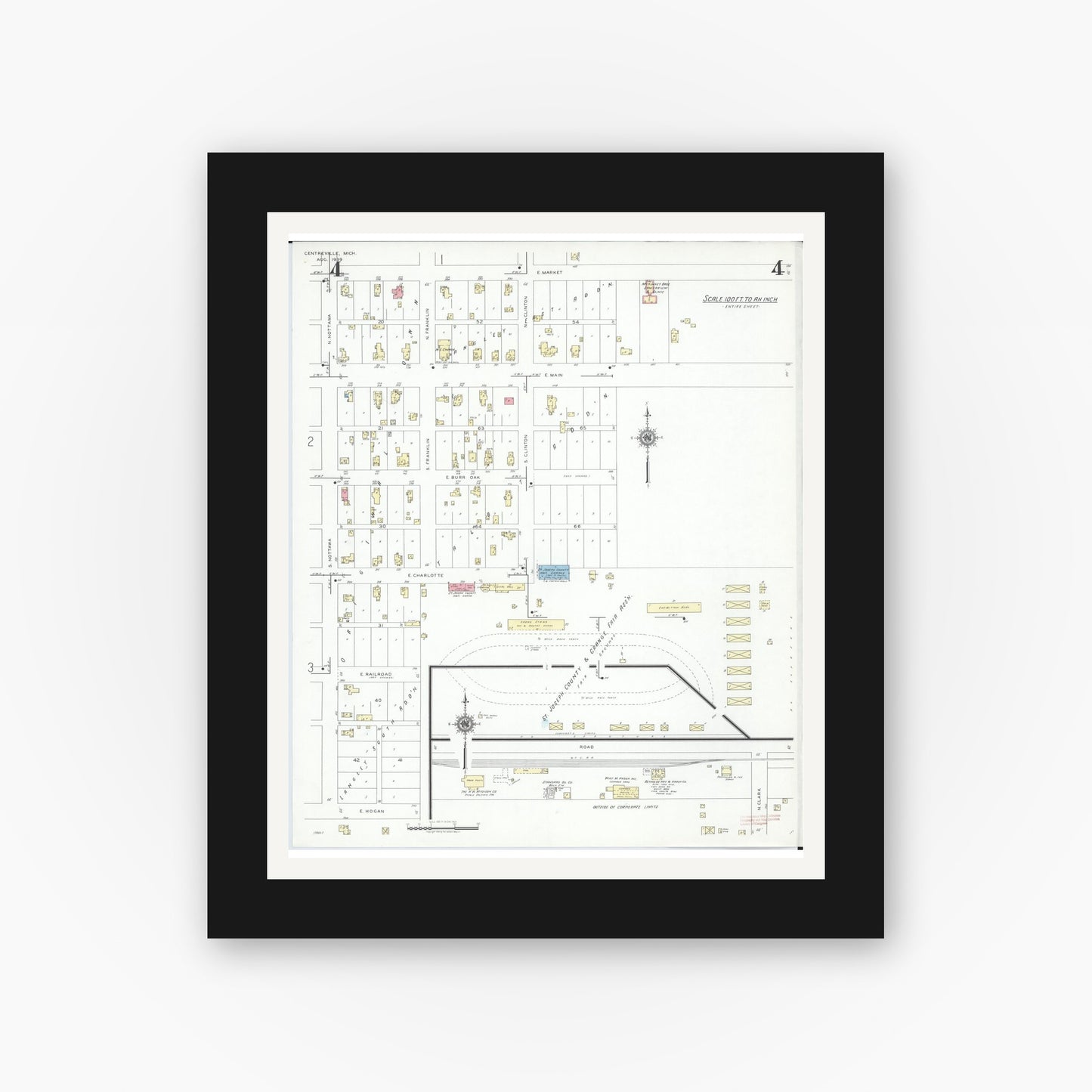 Old map wall art mockup — black gallery frame with white mat — Sanborn Fire Insurance Map from Centreville, Saint Joseph County, Michigan (1939), Sheet #0004